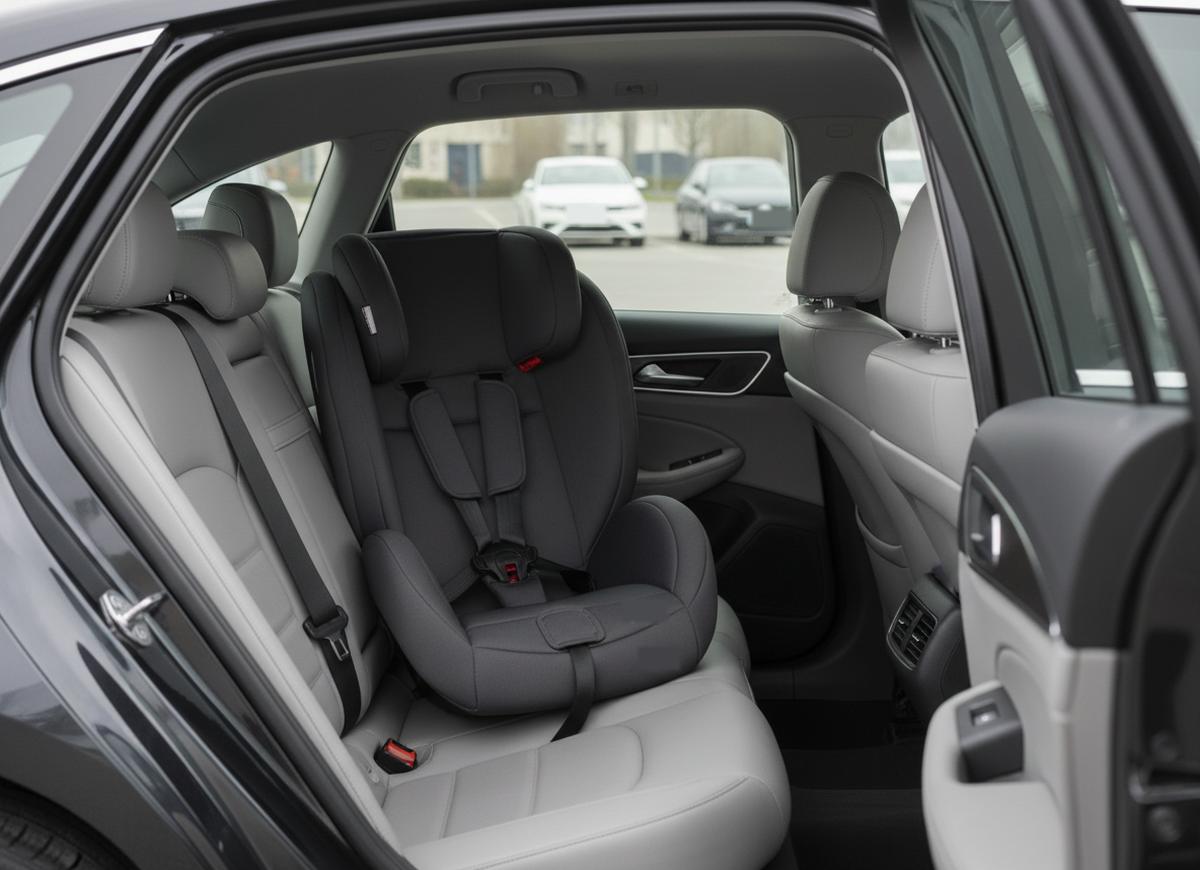 A forward-facing child seat with a five-point harness installed on the light grey back seat of a sedan, seen through the open rear door