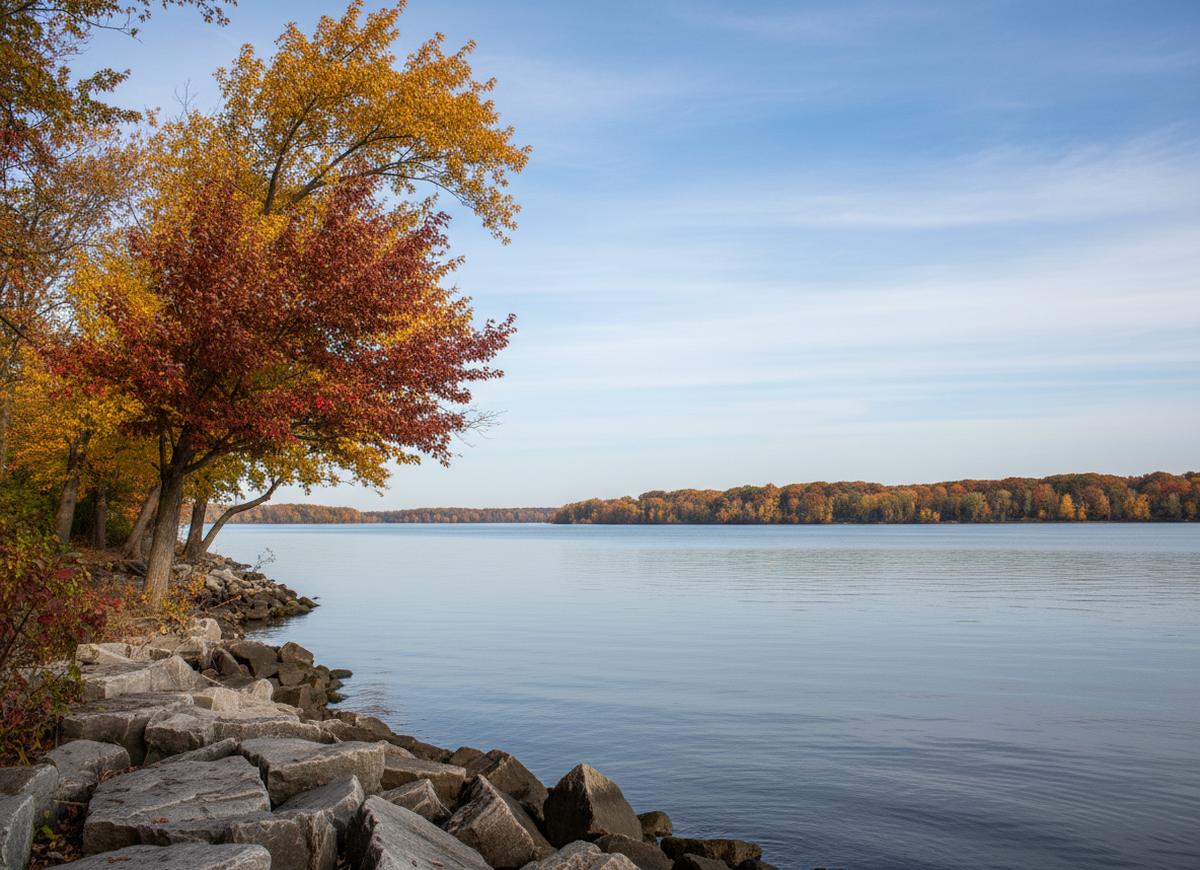 The Delaware River at Claymont seen from the riprap at the water's edge, autumn trees leaning out over the bank and the low far shore across the water