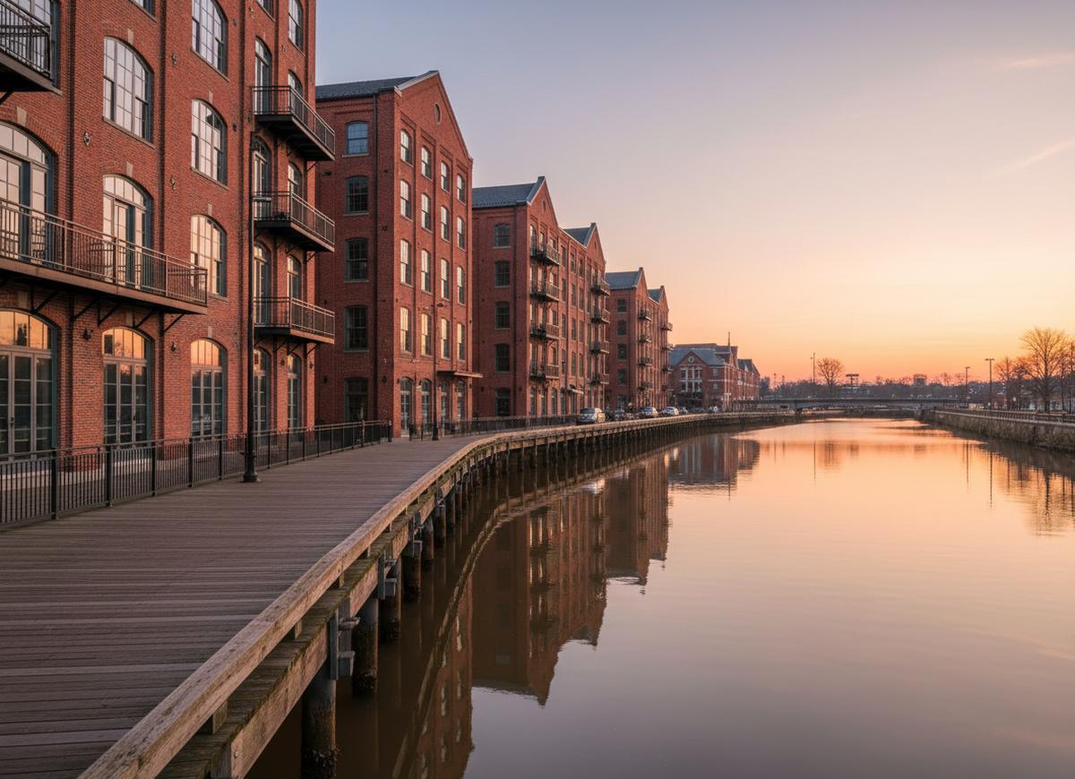 The wooden riverwalk along the Christina River in downtown Wilmington, DE at dawn, tall red brick buildings with arched windows and iron balconies reflected in still water