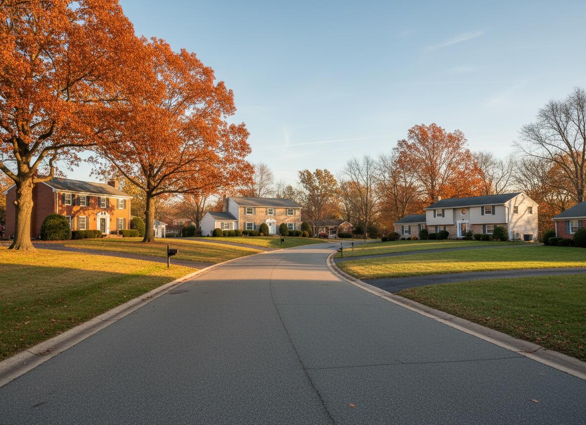 Brick colonial and split-level houses behind wide lawns on a curving street north of Wilmington, DE, oaks in deep orange leaf in low afternoon sun